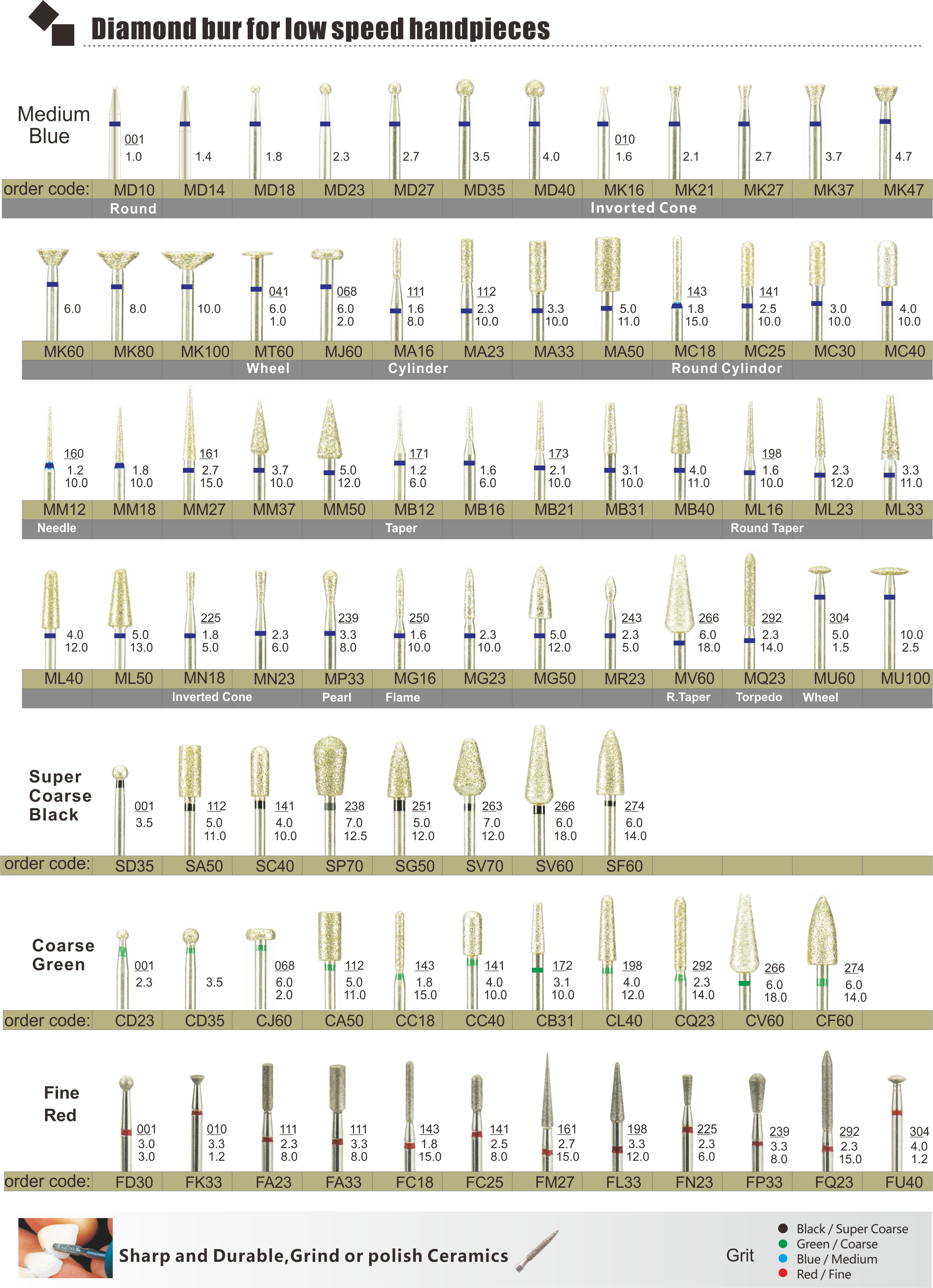 Diamond bur for low speed handpieces